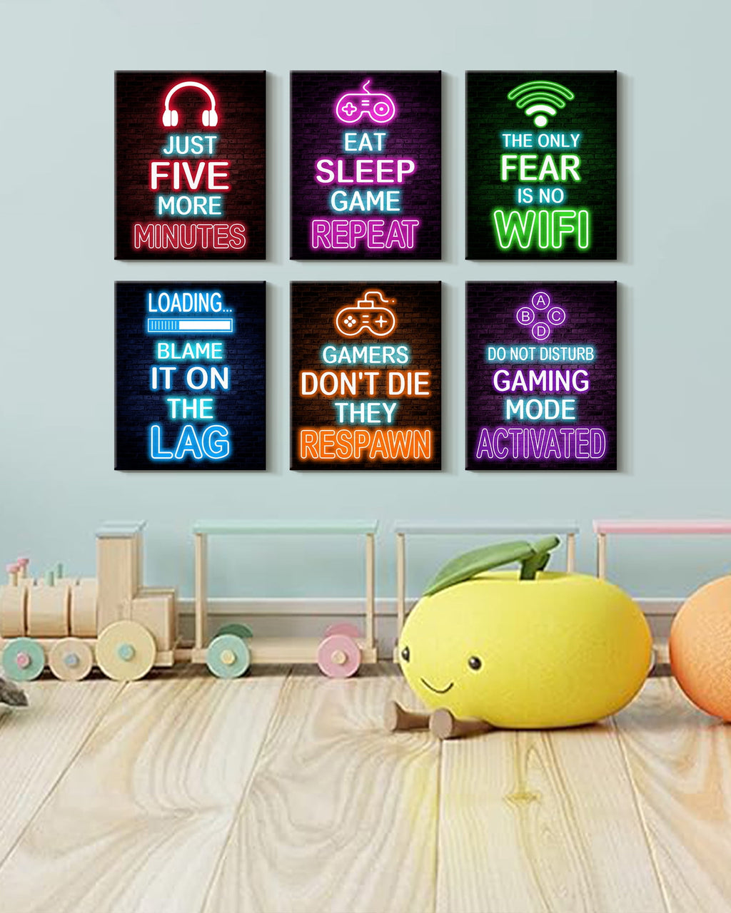 Drsoum Gamer Room Art for Boys Wall Art Neon Gaming Room Decor Game Poster Wall Decor Teenage Boy Room 8x10in6pcs Natural Framed