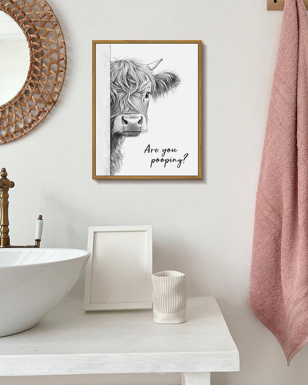Drsoum Funny Highland Cow Bathroom Wall Art Rustic Farmhouse Wall Decor with Humorous Are You Pooping Canvas Print Cute Animal Canvas Art for Restroom 11x14in Brown Framed