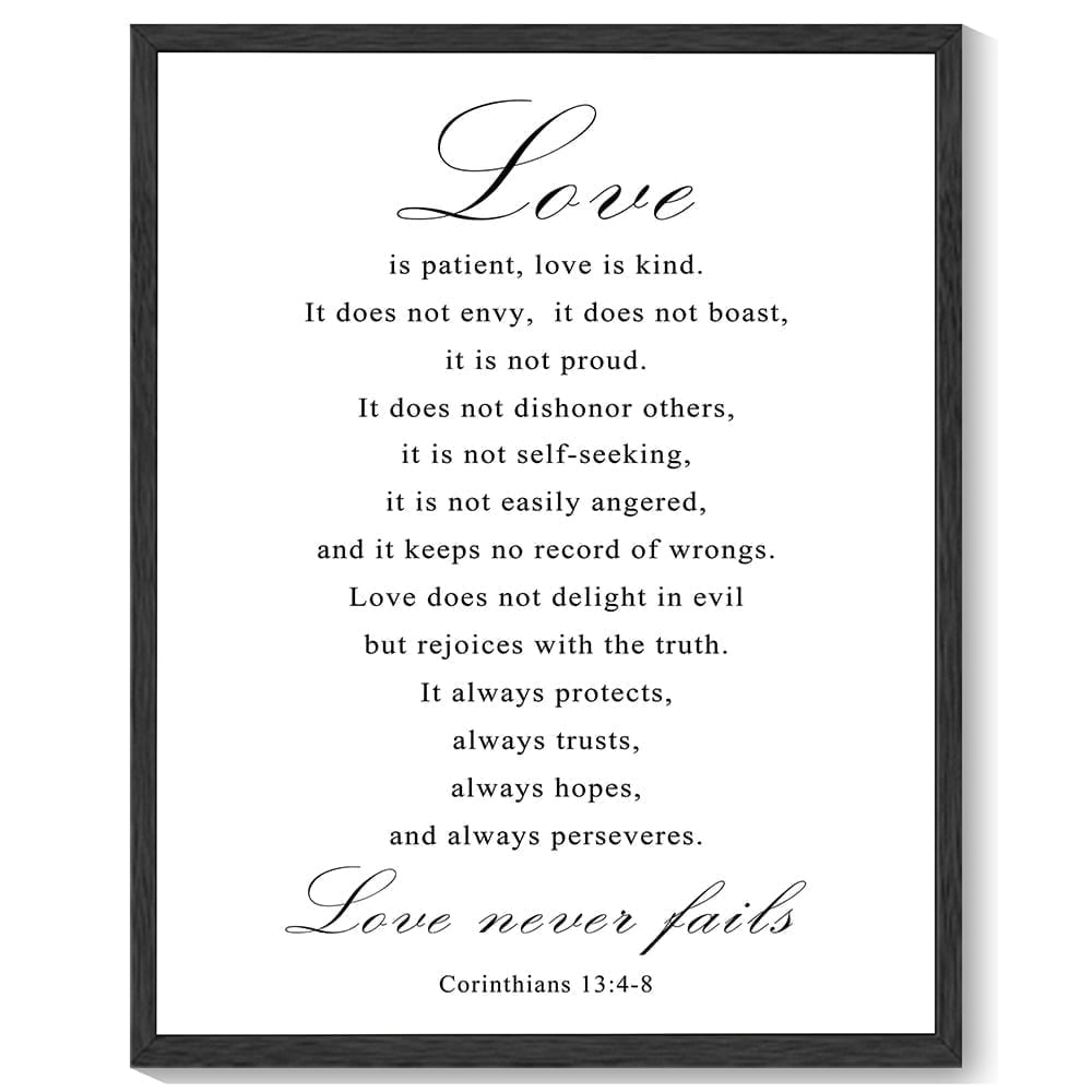 8x10in Black Framed Christian Motivational Wall Art Love is Patient Love is Kind Corinthians 13:4-8 Canvas Print Positive Scripture Painting Home Wall Decor