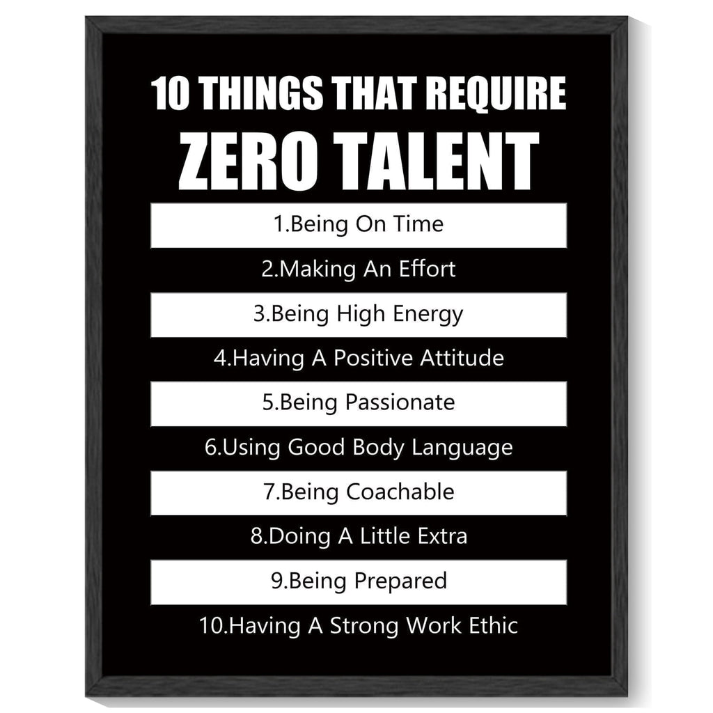 8x10in Black Framed Inspirational Framed Canvas Wall Art ZERO TALENT Motivational Positive Quote Sayings Office Home Decor Prints Encouraging Posters