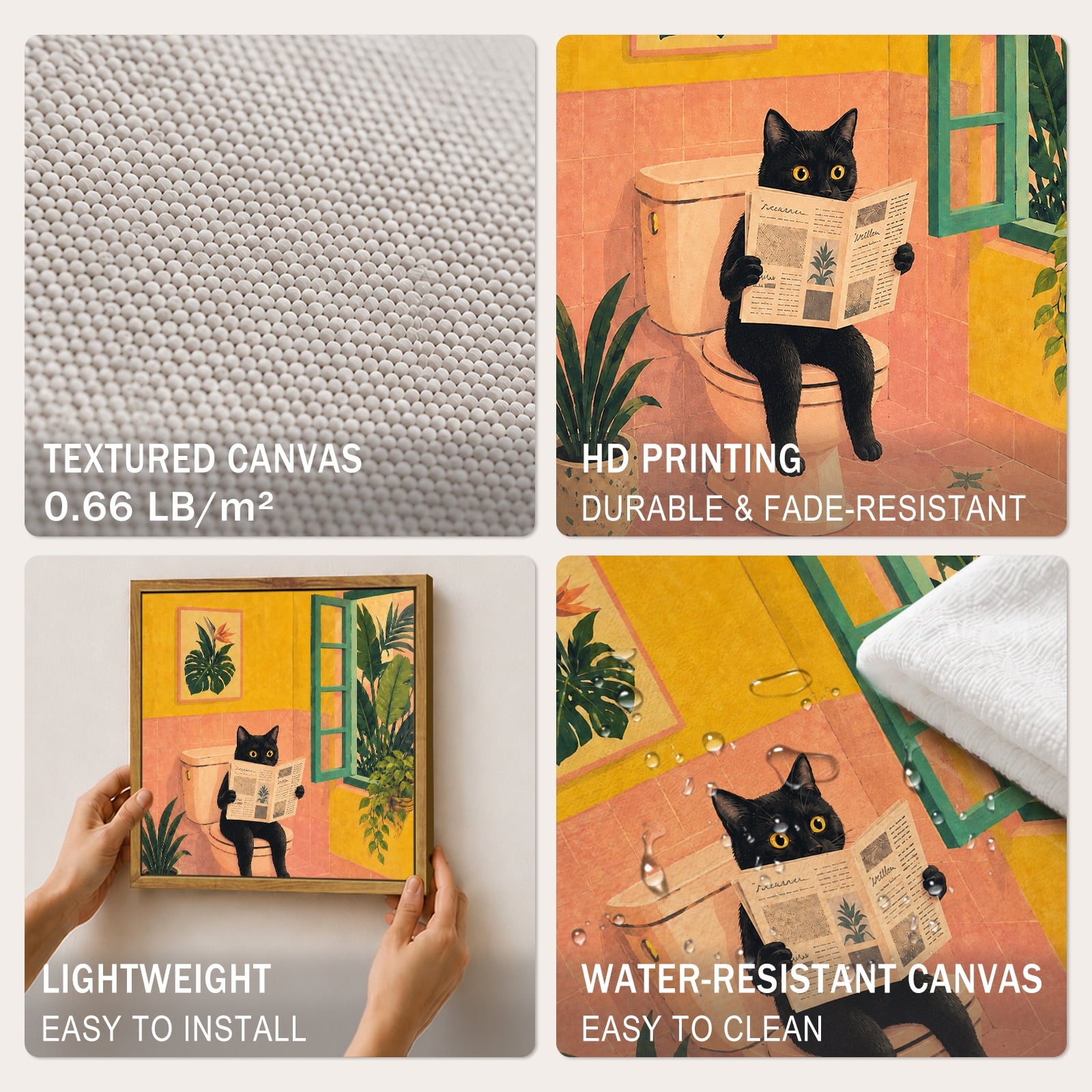 Drsoum Funny Black Cat Wall Art Retro Canvas Print for Bathroom Decor