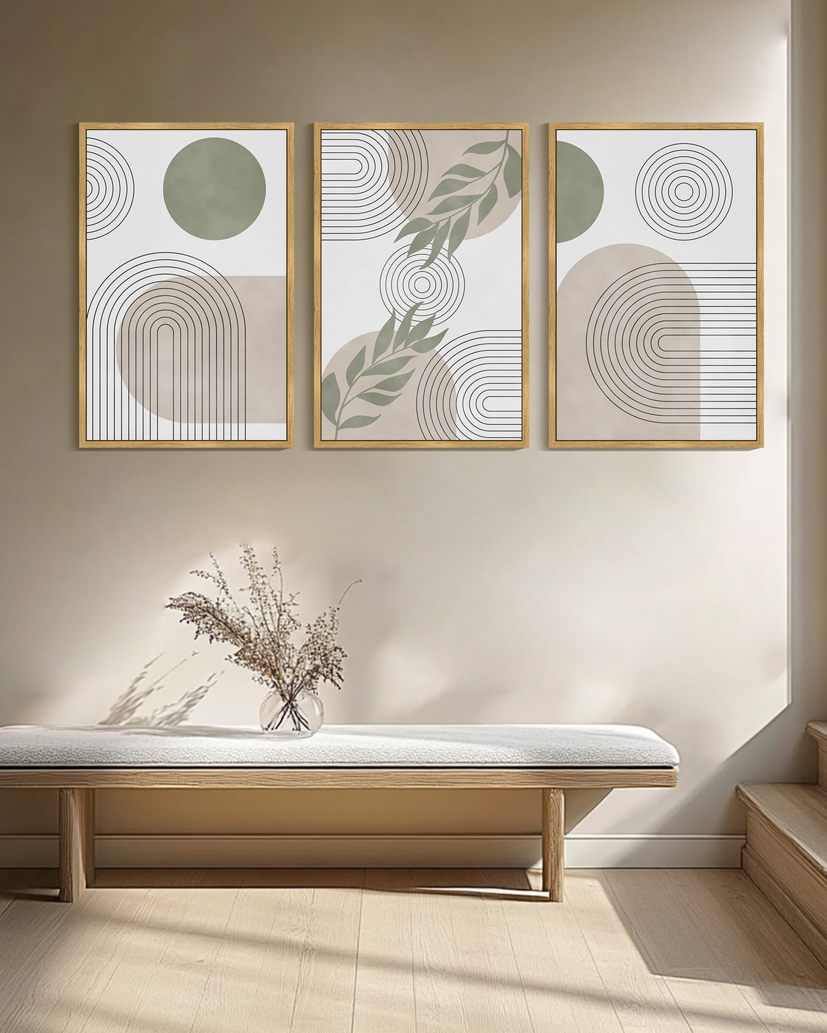 Drsoum Large 24x36in3pcs Natural Framed Boho Botanical Wall Art Modern Abstract Decor Bohemian Line Wall Painting for Living Room Bedroom