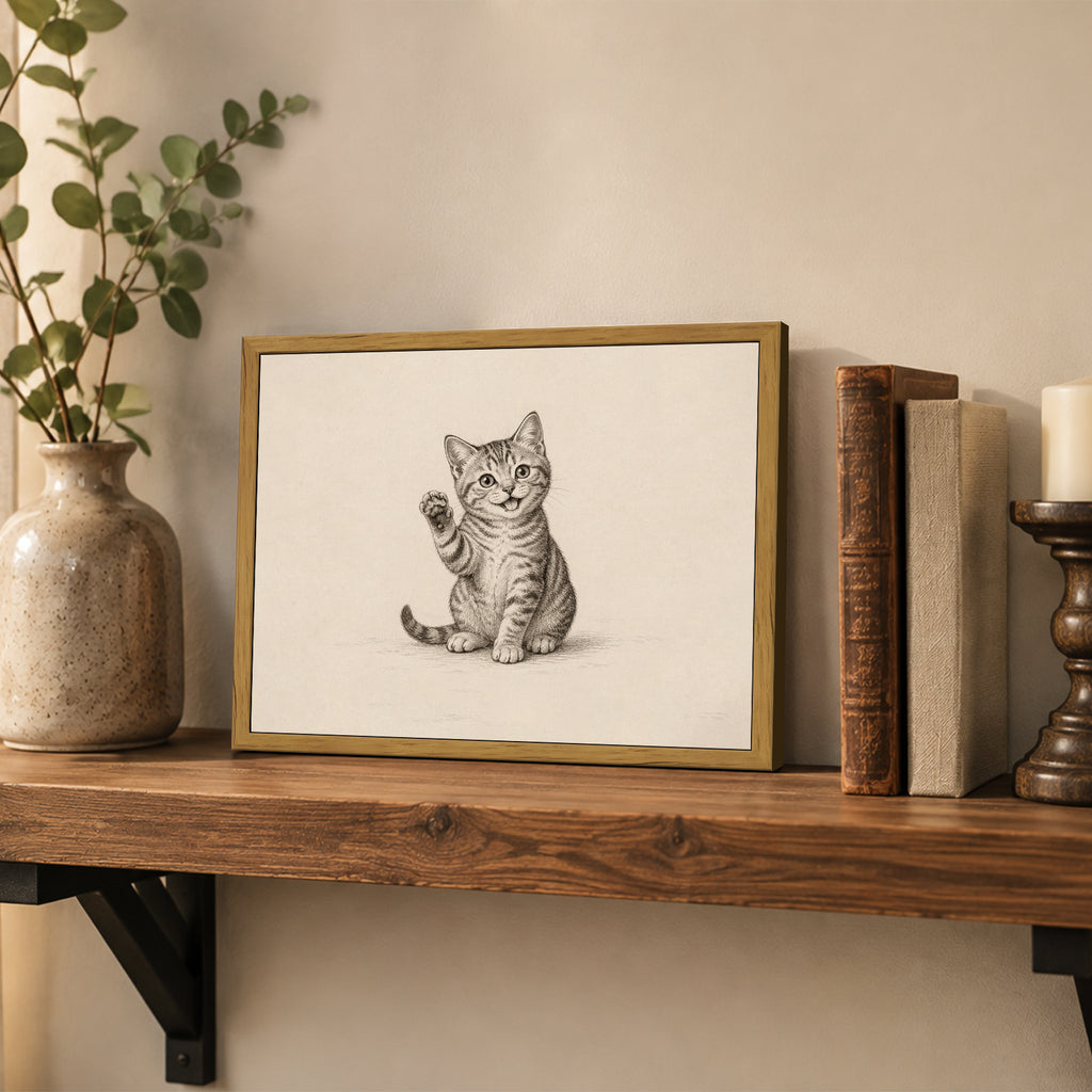 Drsoum Cute Waving Cat Sketch Animal Wall Art Decor 8x10