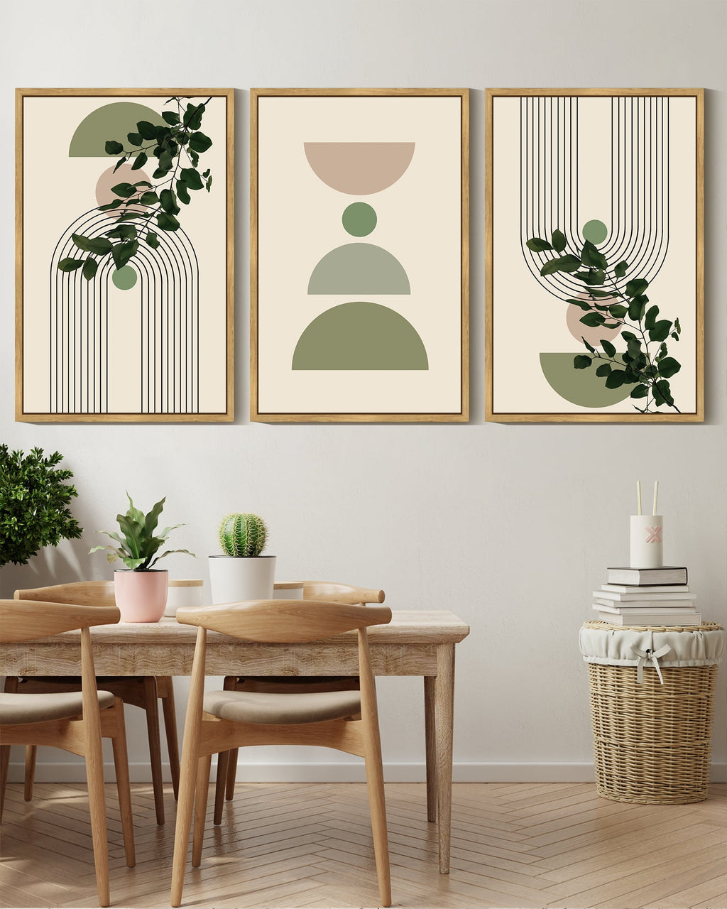 Drsoum Bohemia Decor 16x24in3pcs Natural Framed Modern Prints Abstract with Green Leaf Wall Printing Bedroom Living Room Decor