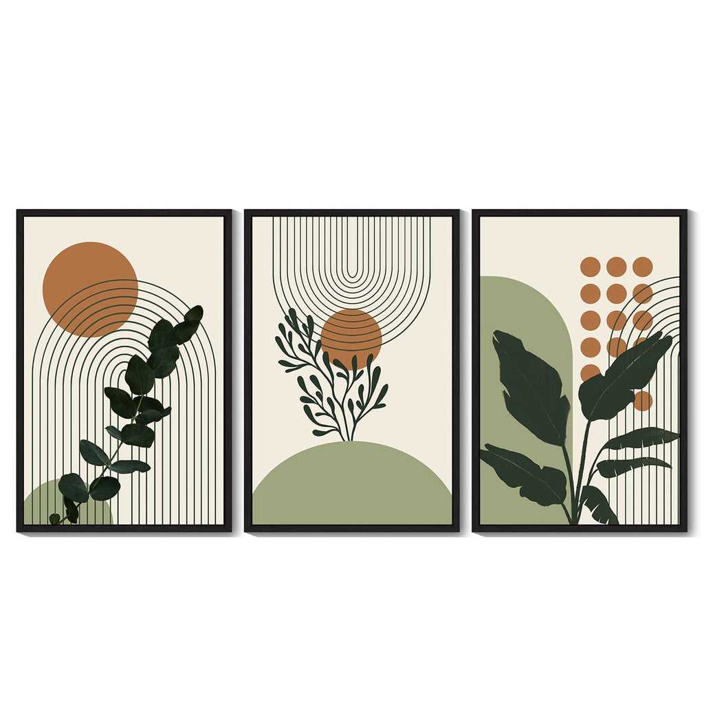 Drsoum Boho Plant Wall Art 24x36in3pcs Black Framed Bohemain Wall Printing Abstract Canvas Prints with Leaf & Sun Lines Bedroom Living Room Decor ﻿ ﻿