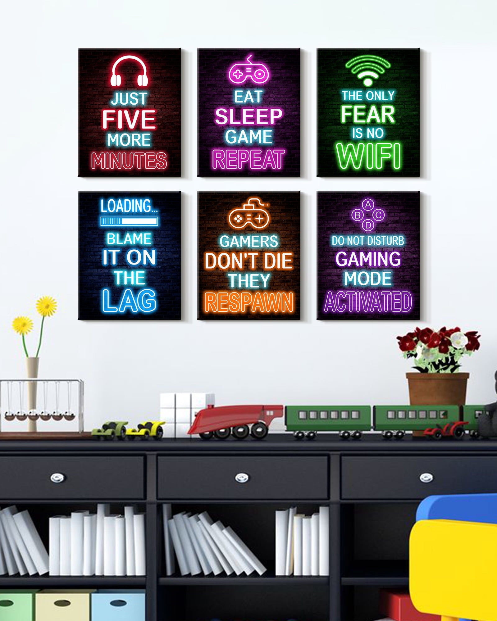 Drsoum Gamer Room Art for Boys Wall Art Neon Gaming Room Decor Game Poster Wall Decor Teenage Boy Room 8x10in6pcs Natural Framed