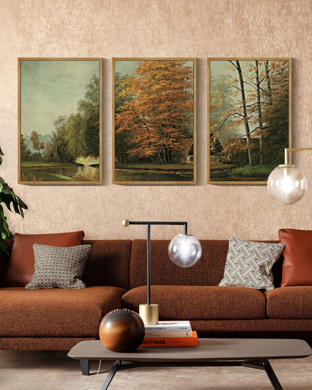 Countryside River Vintage Landscape Framed Wall Art 16x24in3pcs Large Retro Classic Farmhouse Paints Rustic Living Room Bedroom Natural Framed