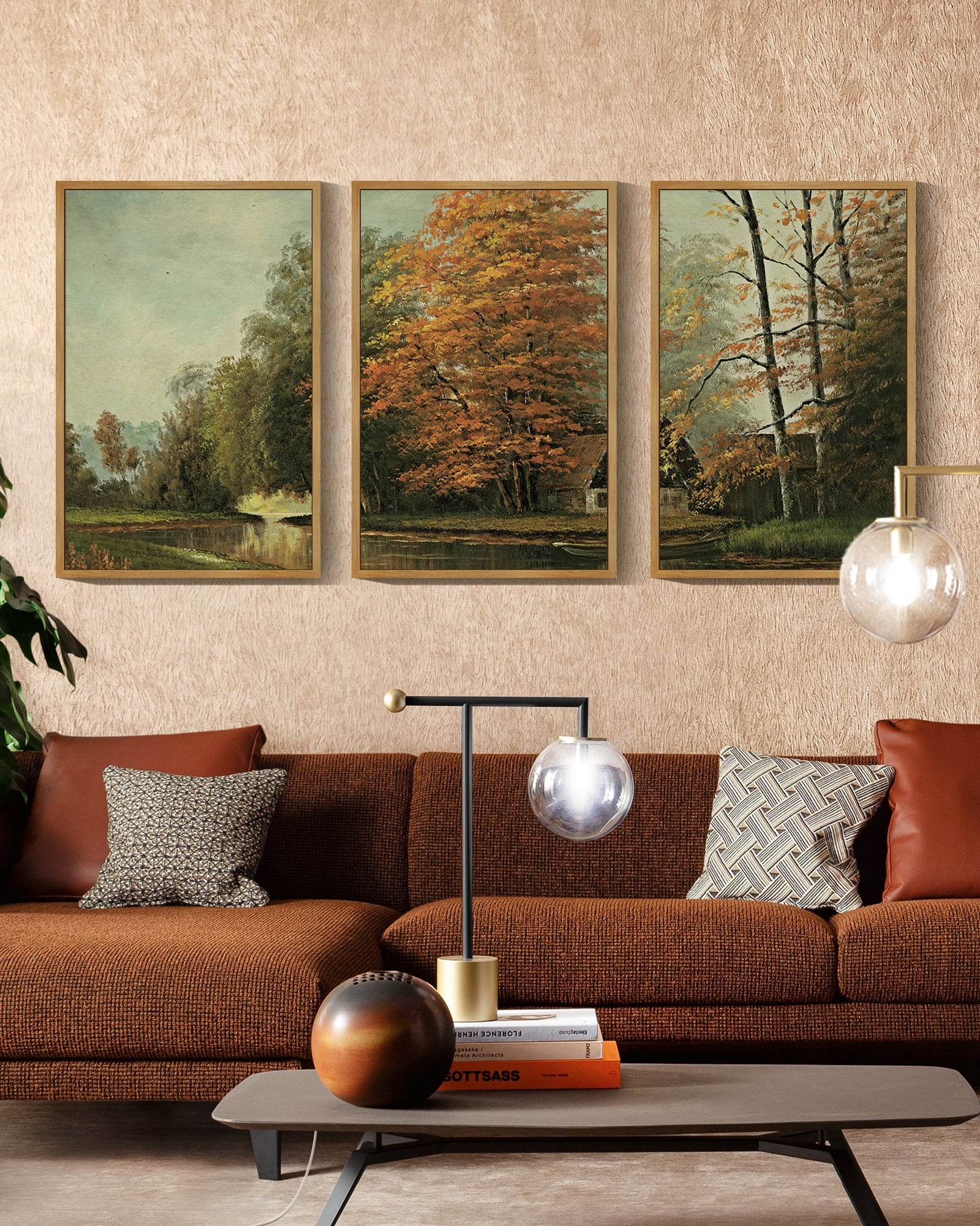 Countryside River Vintage Landscape Framed Wall Art 16x24in3pcs Large Retro Classic Farmhouse Paints Rustic Living Room Bedroom Natural Framed