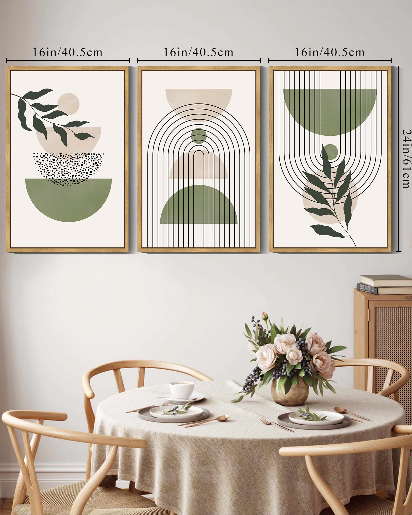 Drsoum Bohemia Art Modern Prints 16x24in3pcs Natural Framed Bohemain Printing Abstract with Leaf & Sun Lines Decor