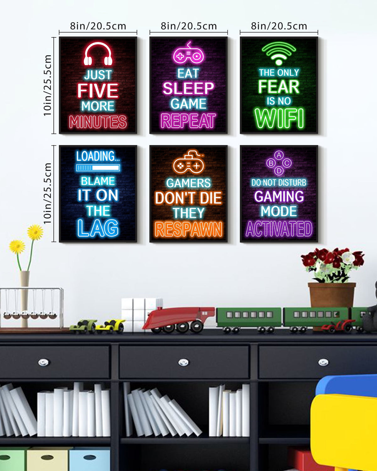 Drsoum Gamer Room Art for Boys Wall Art Neon Gaming Room Decor Game Poster Wall Decor Teenage Boy Room 8x10in6pcs Black Framed
