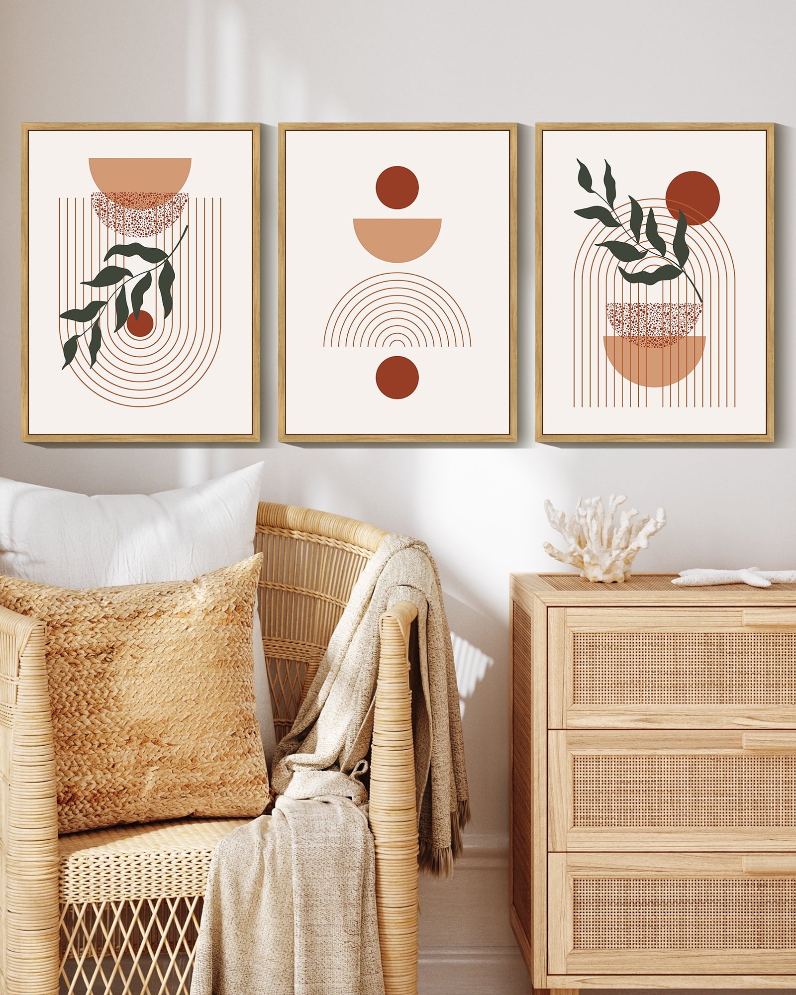 Drsoum Boho Wall Art Decor Mid Century Modern Abstract Prints Posters Bathroom 11x14in3pcs Natural Framed