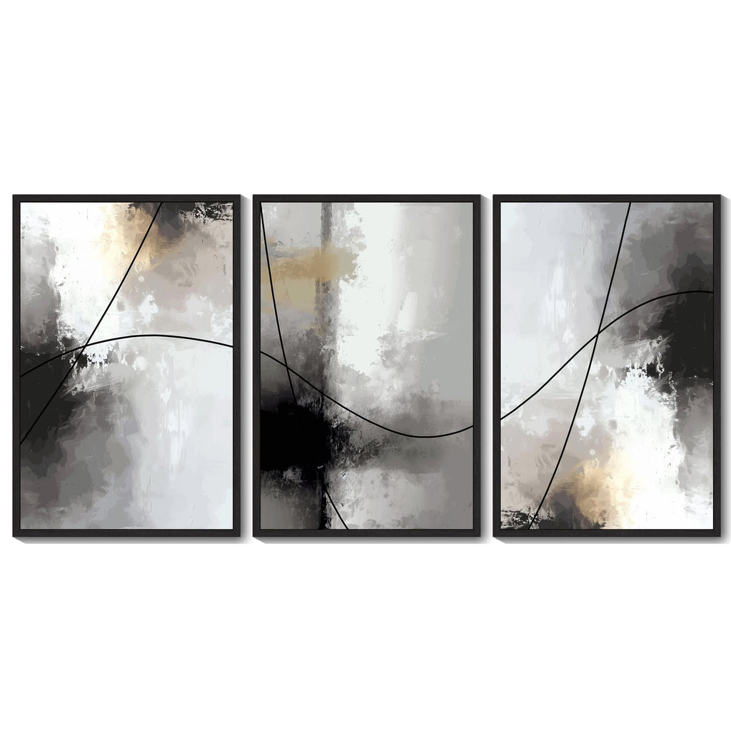 Drsoum Large Abstract Wall Art 24x36in3pcs Black Framed Black Line Modern Minimalist Painting Decor Graffiti Artwork