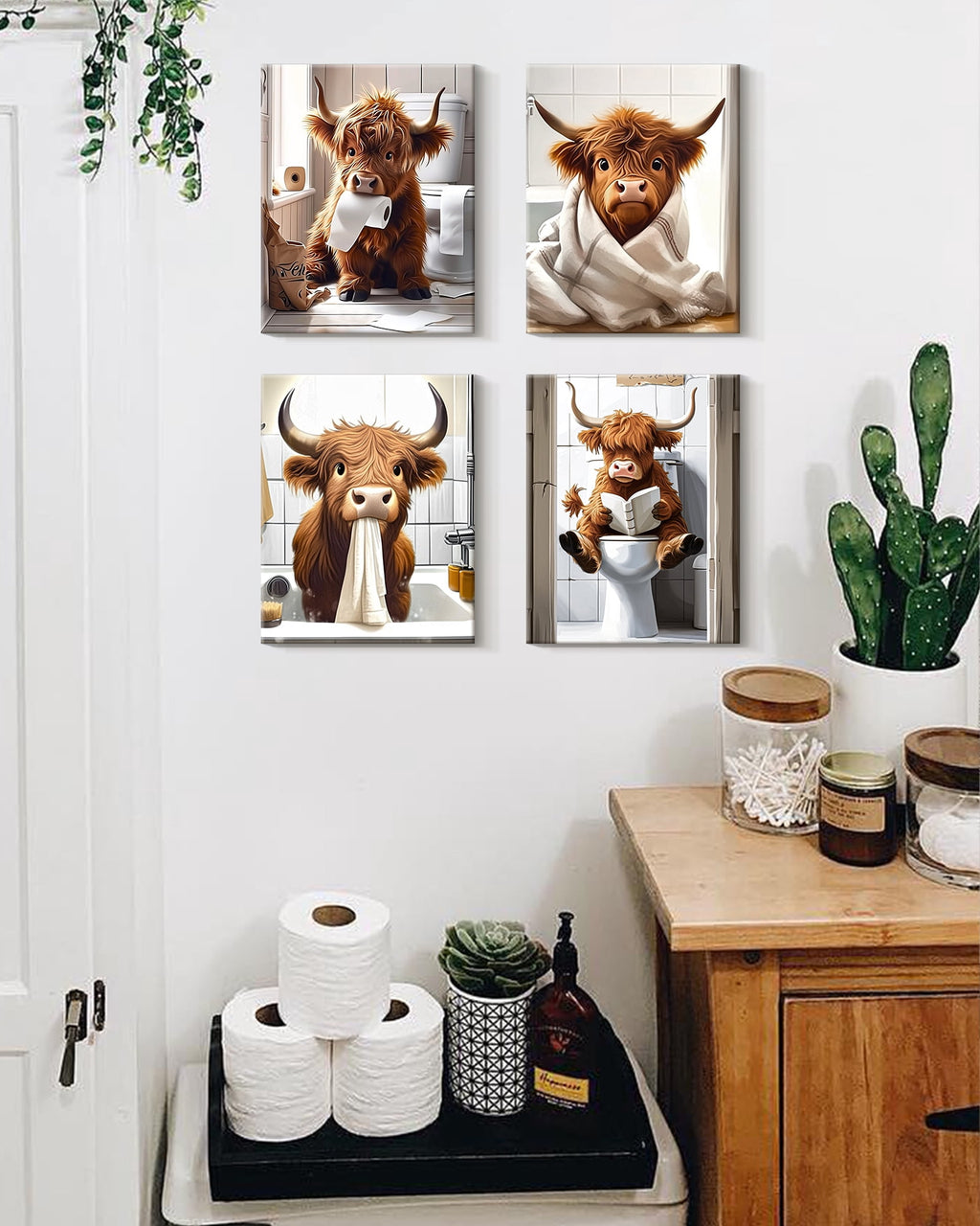 Drsoum Funny Highland Cow Bathroom Wall Art Rustic Cute Bathroom Canvas Prints for Bathroom Restroom Decor 8x10in4pcs Natural Framed