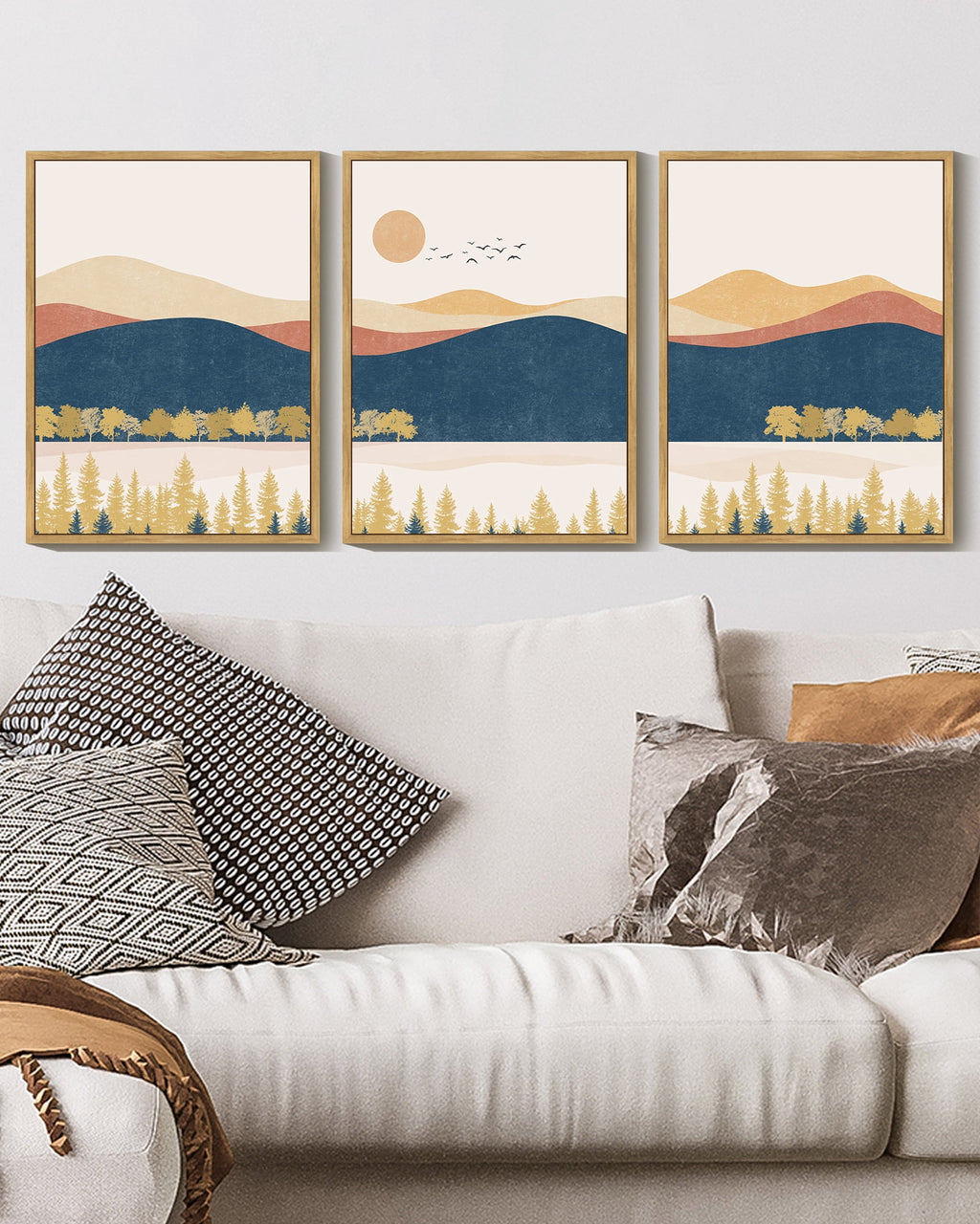 Drsoum Landscape Mountain Wall Art Set Lake Sunrise Pine Tree Forest Art for Living Room Bedroom 11x14in3pcs Natural Framed