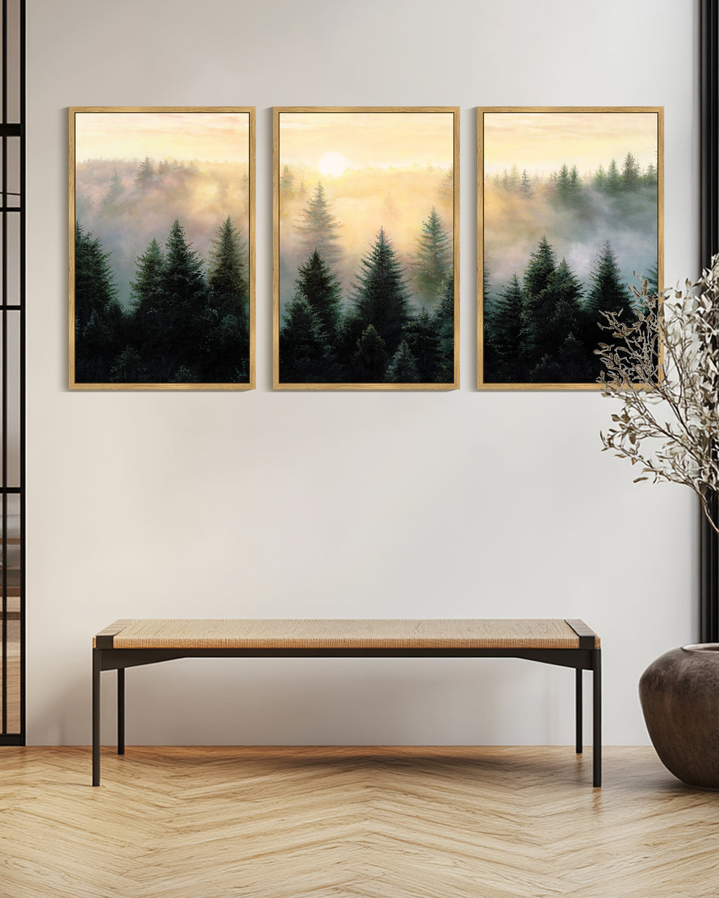 Drsoum Large 24x36in3pcs Natural Framed Fog Pine Green Tree Forest Art Nordic Modern Mountain work Prints Decor