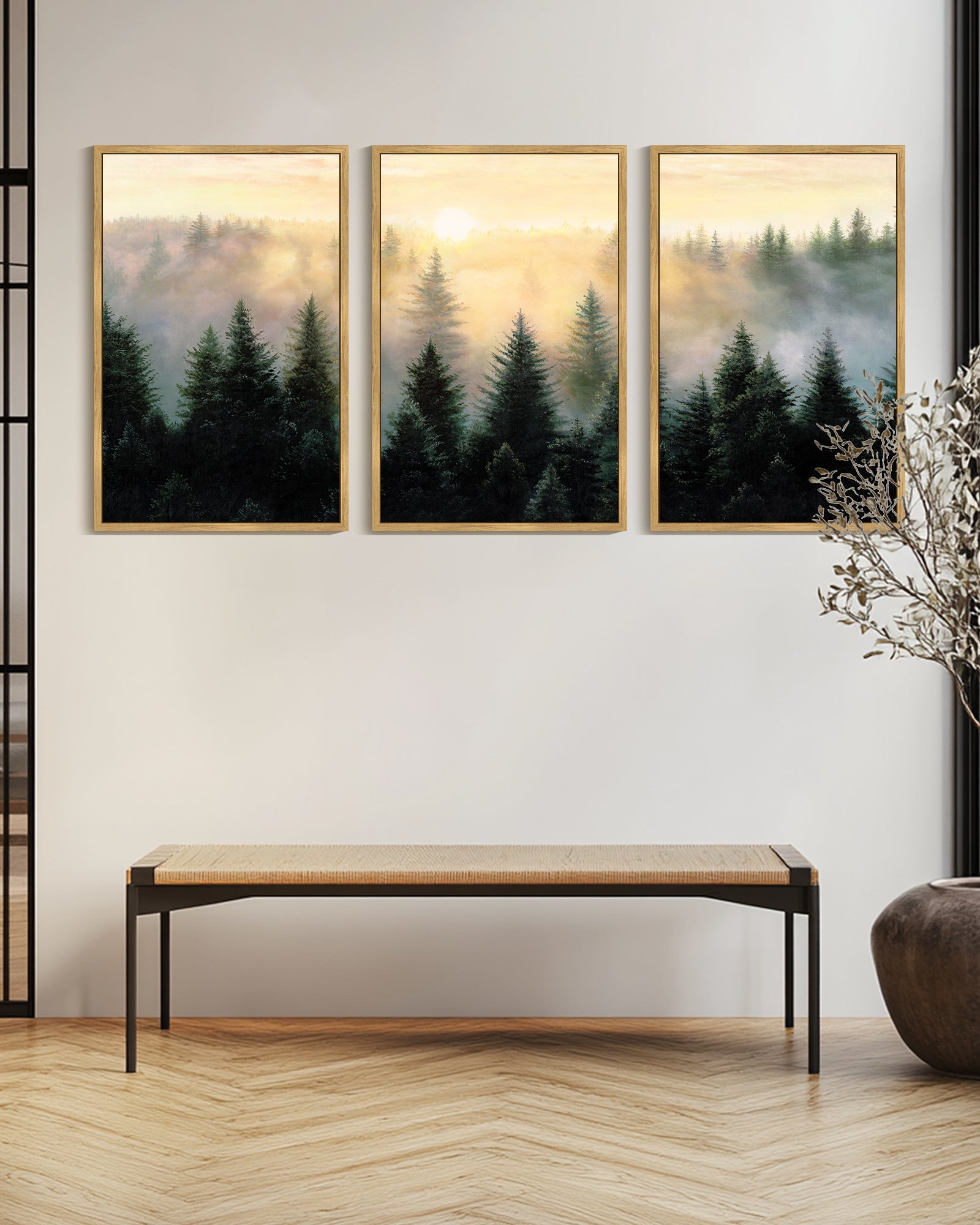 Drsoum Large 24x36in3pcs Natural Framed Fog Pine Green Tree Forest Art Nordic Modern Mountain work Prints Decor