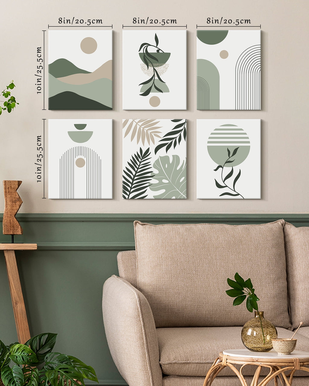 Drsoum Botanical Boho Wall Art Modern Sun Decor Minimalist Green Leaf Wall Painting 8x10in6pcs Natural Framed