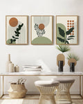 Boho Plant Wall Art 11x14in Natural Framed Green Botanical Bohemain Wall Printing Abstract Canvas Prints with Leaf & Sun Lines for Office Dining Room Hallway
