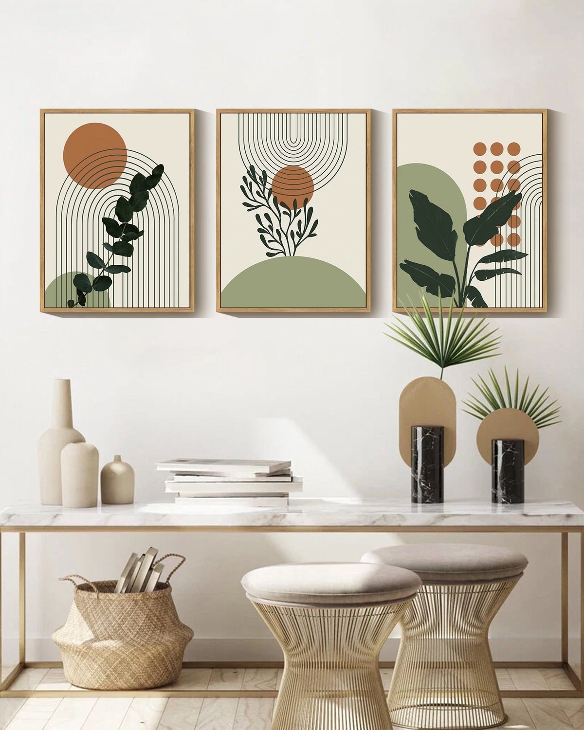 Boho Plant Wall Art 11x14in Natural Framed Green Botanical Bohemain Wall Printing Abstract Canvas Prints with Leaf & Sun Lines for Office Dining Room Hallway
