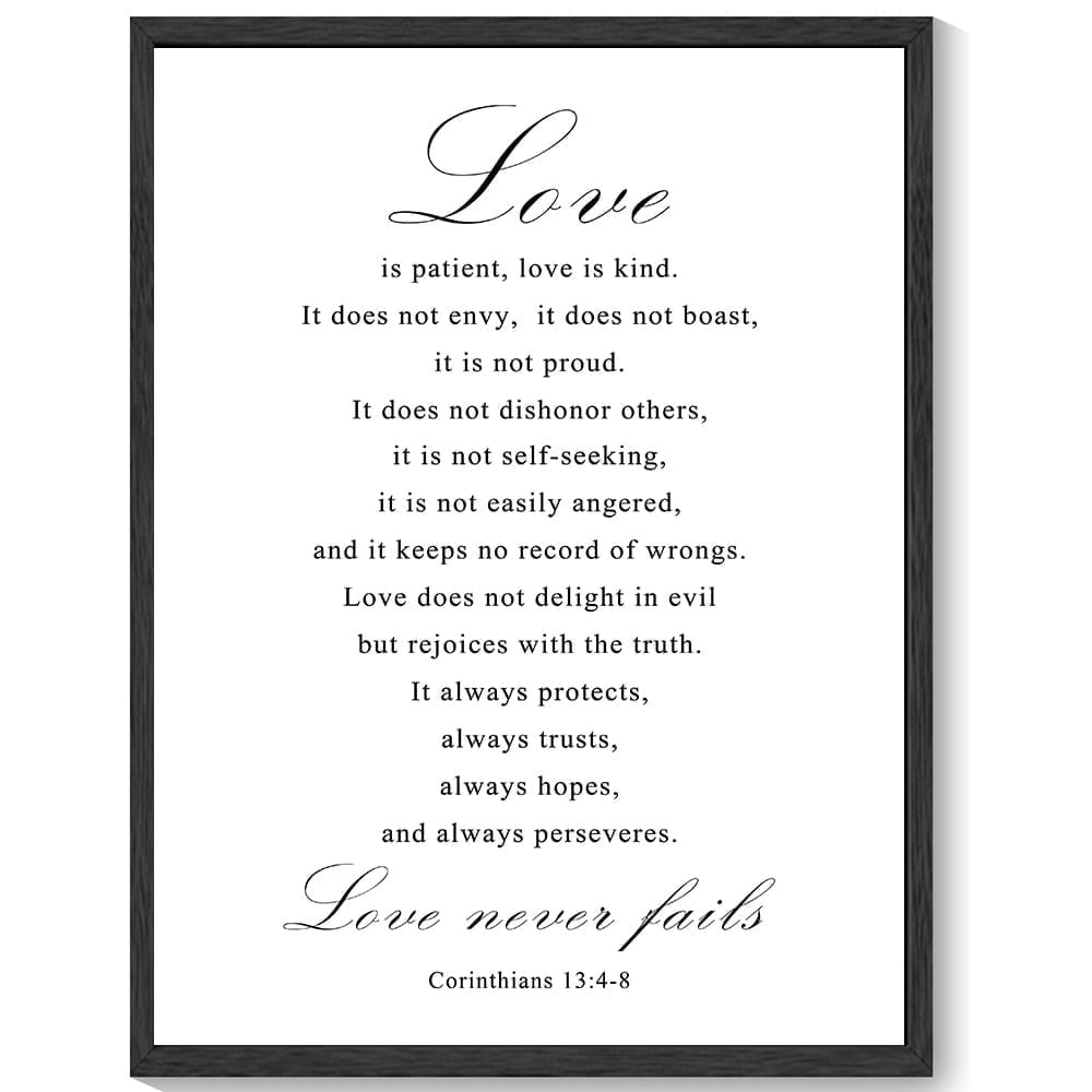 Christian Motivational 11x14in Black Framed Wall Art Love is Patient Love is Kind Corinthians 13:4-8 Canvas Print Positive Scripture Painting Home Wall Decor