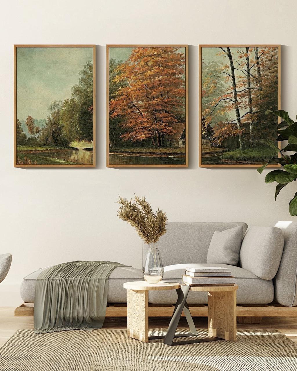 Countryside River Vintage Landscape Framed Wall Art 16x24in3pcs Large Retro Classic Farmhouse Paints Rustic Living Room Bedroom Natural Framed
