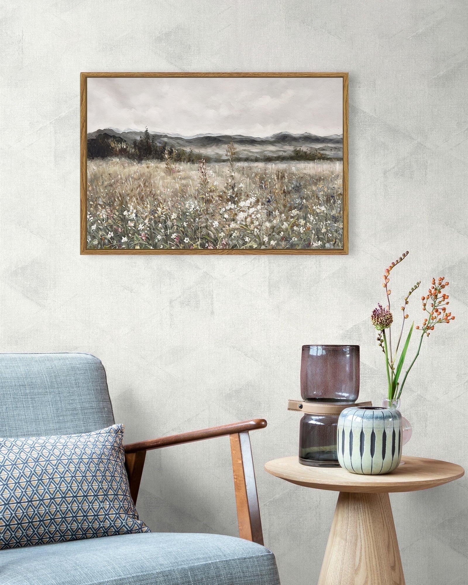 Drsoum Retro Scenery 16x24in Framed Meadow with Flowers Landscape Painting Modern Farmhouse Decor for Living Room