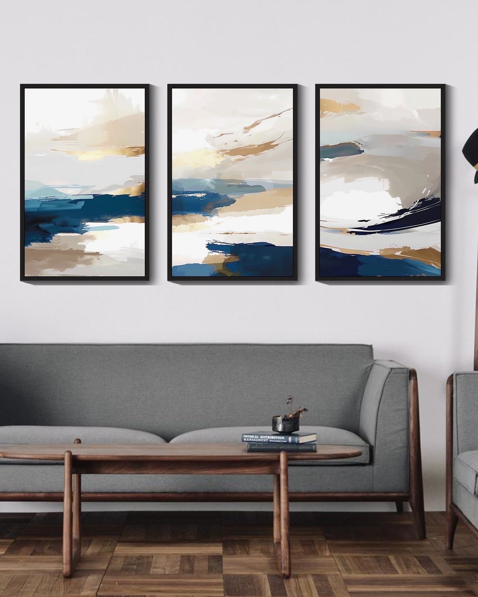 Drsoum 16x24in3pcs Black Framed Blue Abstract Wall Art Modern Minimalist Painting Decor Graffiti Artwork Decor