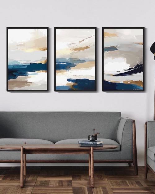 Drsoum 16x24in3pcs Black Framed Blue Abstract Wall Art Modern Minimalist Painting Decor Graffiti Artwork Decor