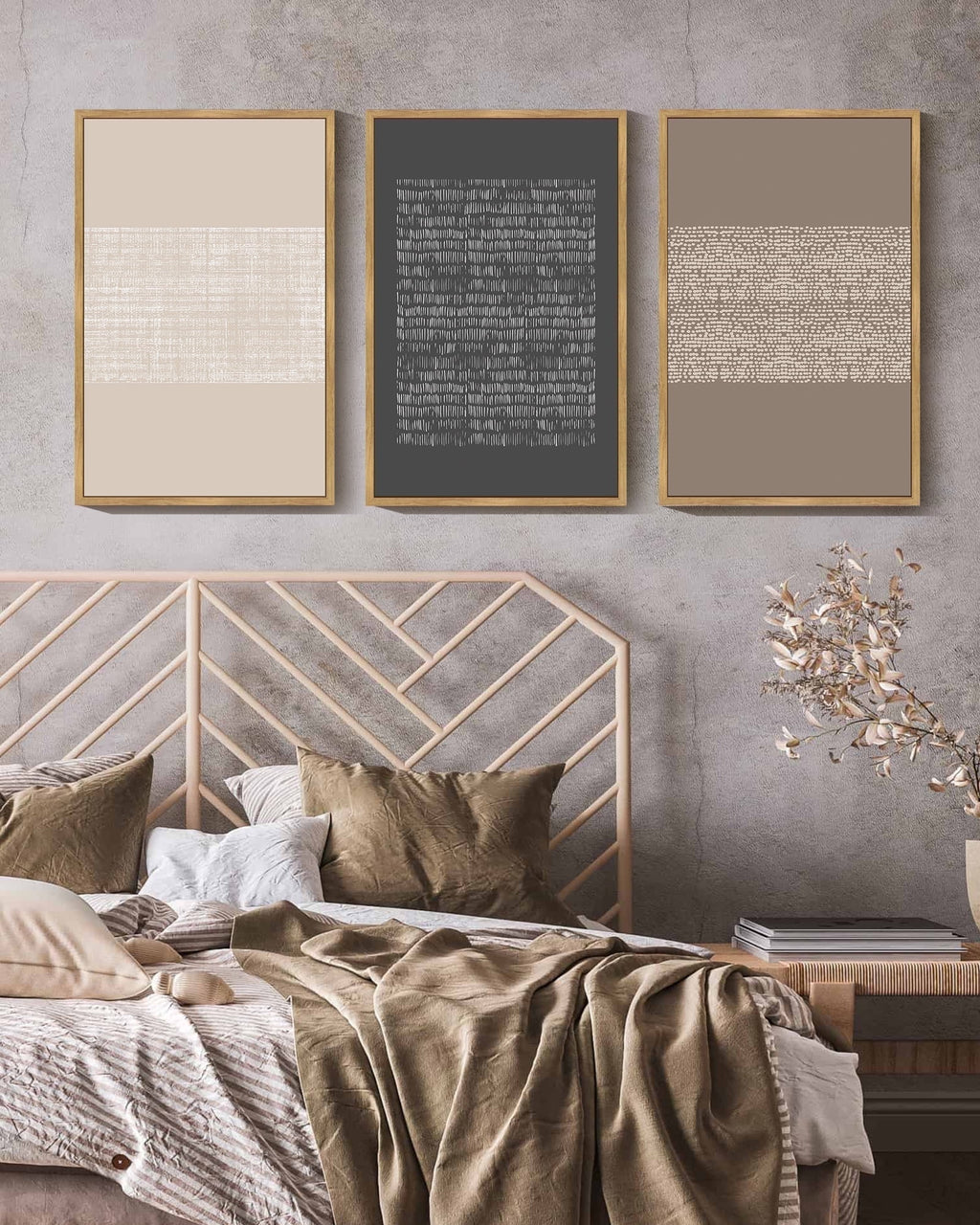 Drsoum 16x24in3pcs Brown Framed Boho Vintage Canvas Print Wall Art Geometric Pattern Abstract Shapes Modern Art