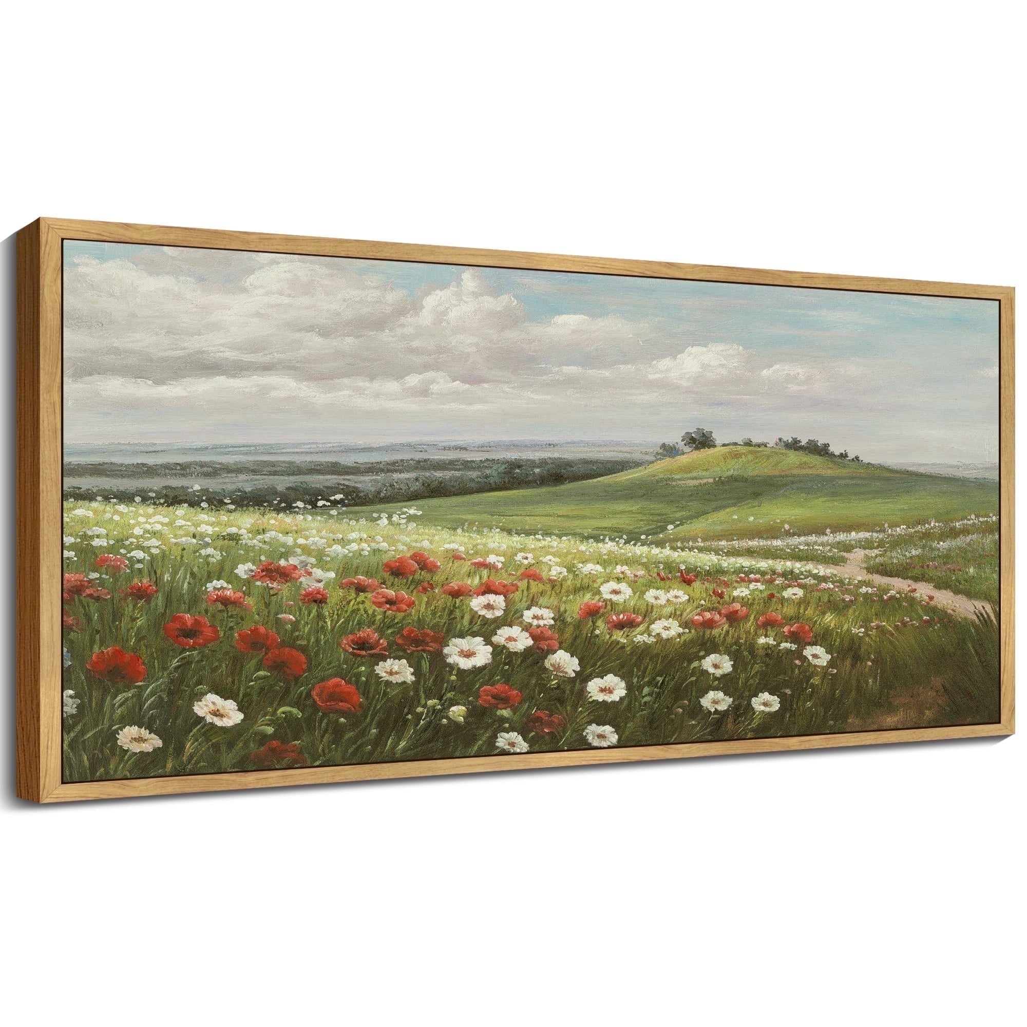 Drsoum 20x40in Natural Framed Landscape Rural wildflowers Wall Art Classic Retro rustic Wall Prints Farmhouse Kitchen Bathroom Office Decor
