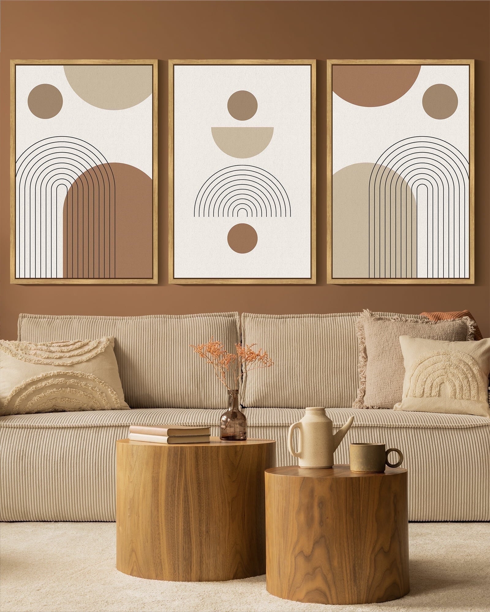 Drsoum Abstract Wall Art 16x24in3pcs Natural Framed Bohemia Line Printing Minimalist for Bathroom Prints with Sun Lines