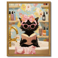 Drsoum Black Cat Canvas Wall Art Pink Fashion Bubble Bath Wall Decor Paintings Cute Animal Poster Prints Rustic Aesthetic Home Decor for Bathroom 8x10in Brown Framed