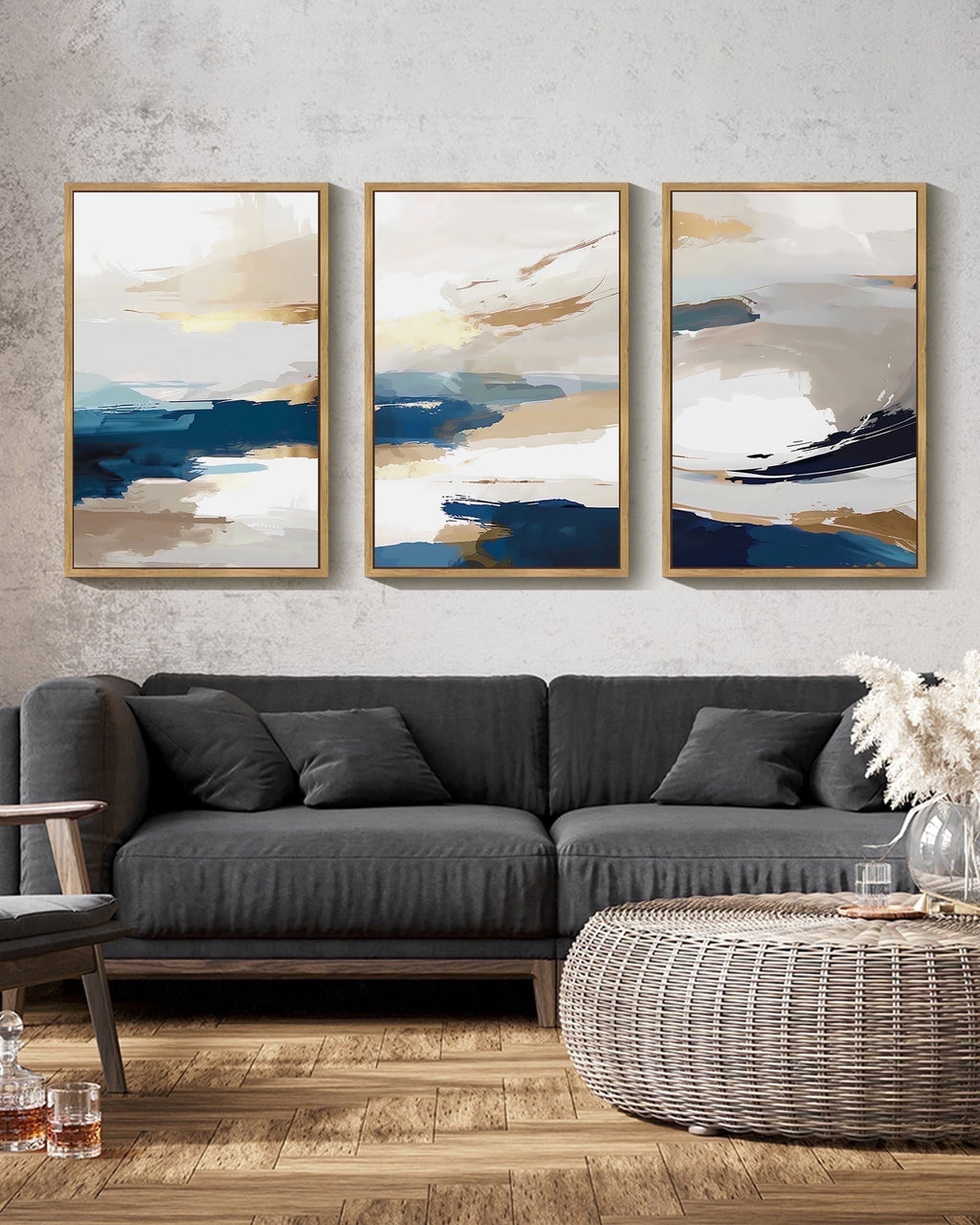 Drsoum Blue Abstract Wall Art 24x36in3pcs Large Natural Framed Modern Minimalist Painting Decor Graffiti Artwork