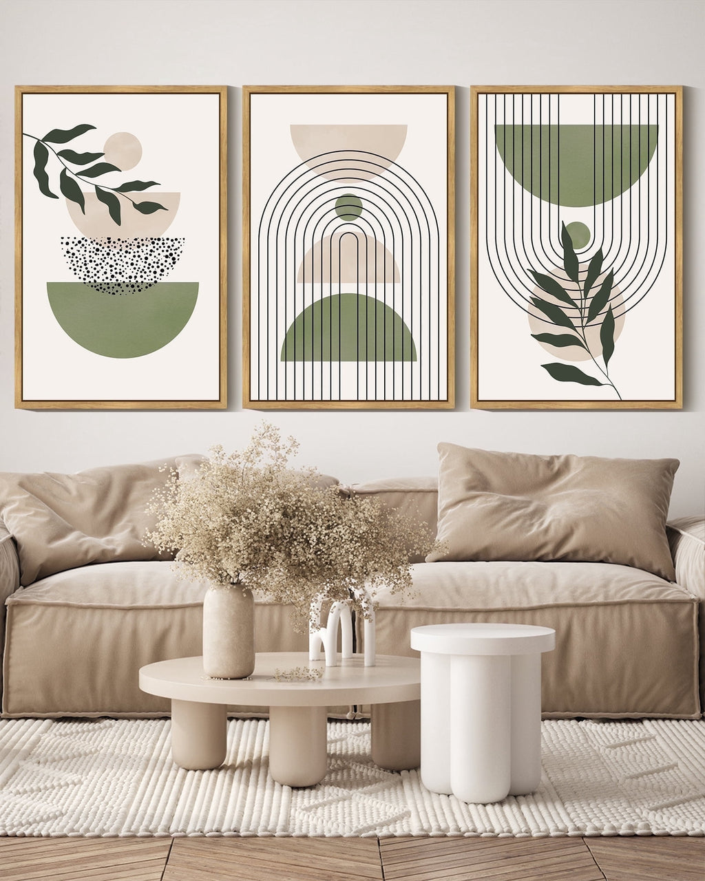 Drsoum Bohemia Art Modern Prints 16x24in3pcs Natural Framed Bohemain Printing Abstract with Leaf & Sun Lines Decor
