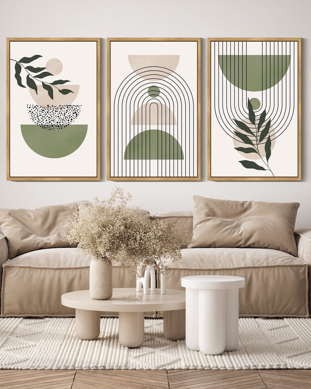 Drsoum Bohemia Art Modern Prints 16x24in3pcs Natural Framed Bohemain Printing Abstract with Leaf & Sun Lines Decor