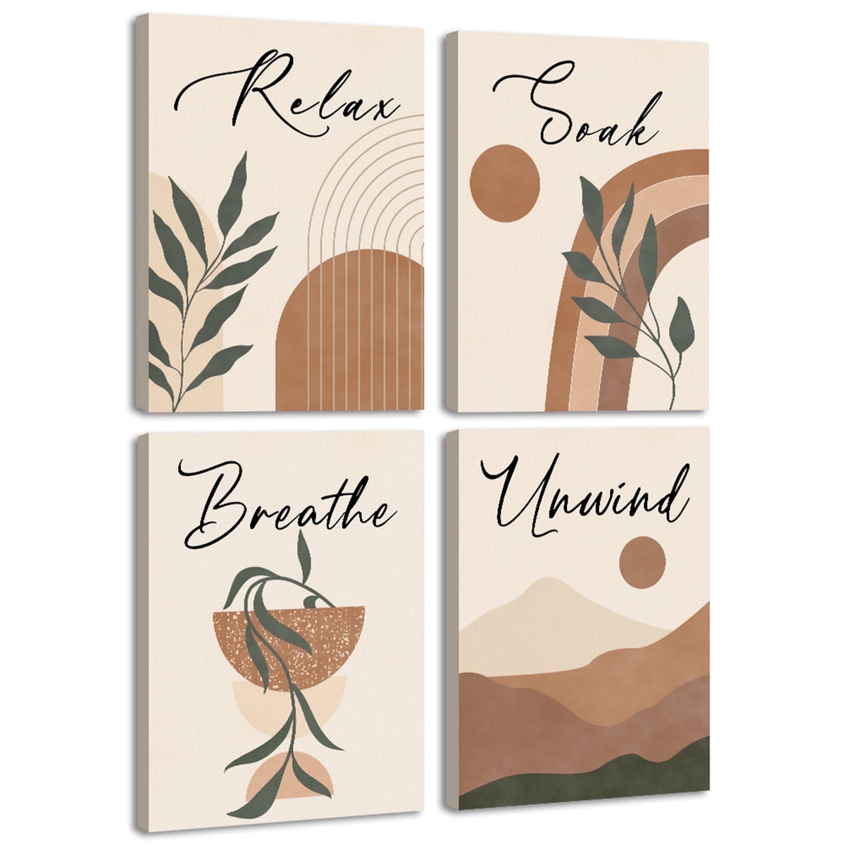 Drsoum Bohemia Plant Art Wall Decor Natural Framed Boho Wall Printing Abstract with Leaf & Sun Lines Bedroom Living Room Decor 8x10in4pcs