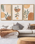 Drsoum Bohemia Wall Art 16x24in3pcs Natural Framed Plant Boho Decor Room Mid Century Modern Abstract Sun Phases Painting