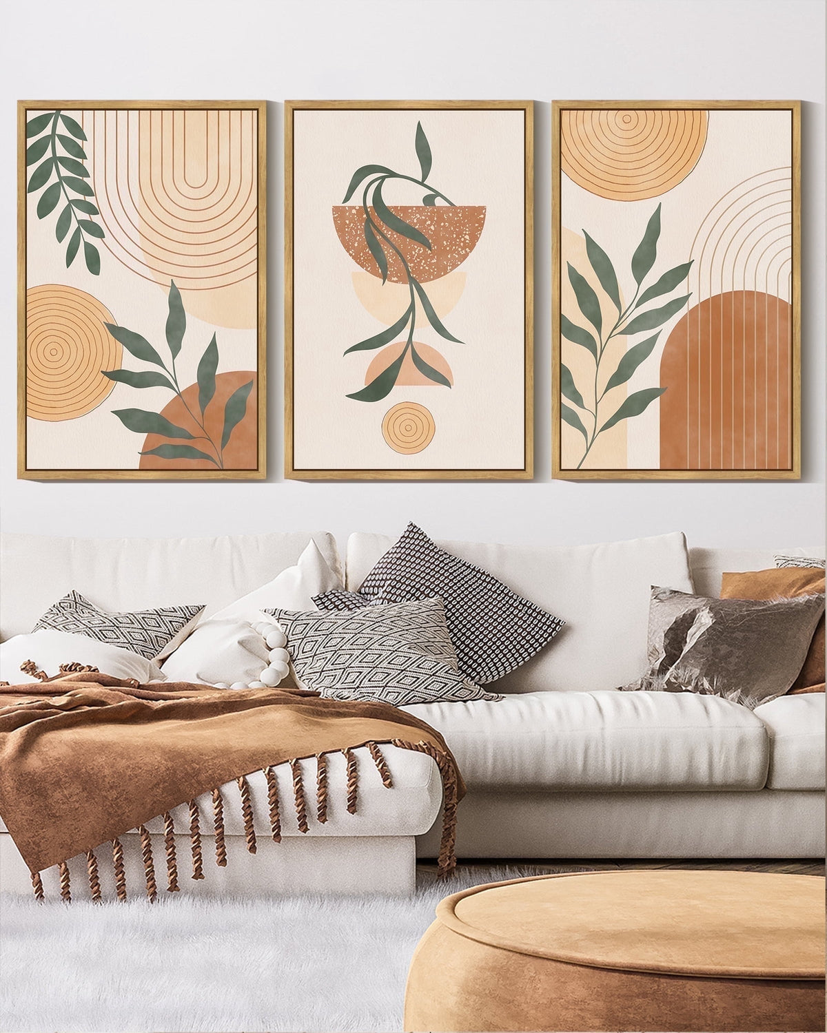 Drsoum Bohemia Wall Art 16x24in3pcs Natural Framed Plant Boho Decor Room Mid Century Modern Abstract Sun Phases Painting