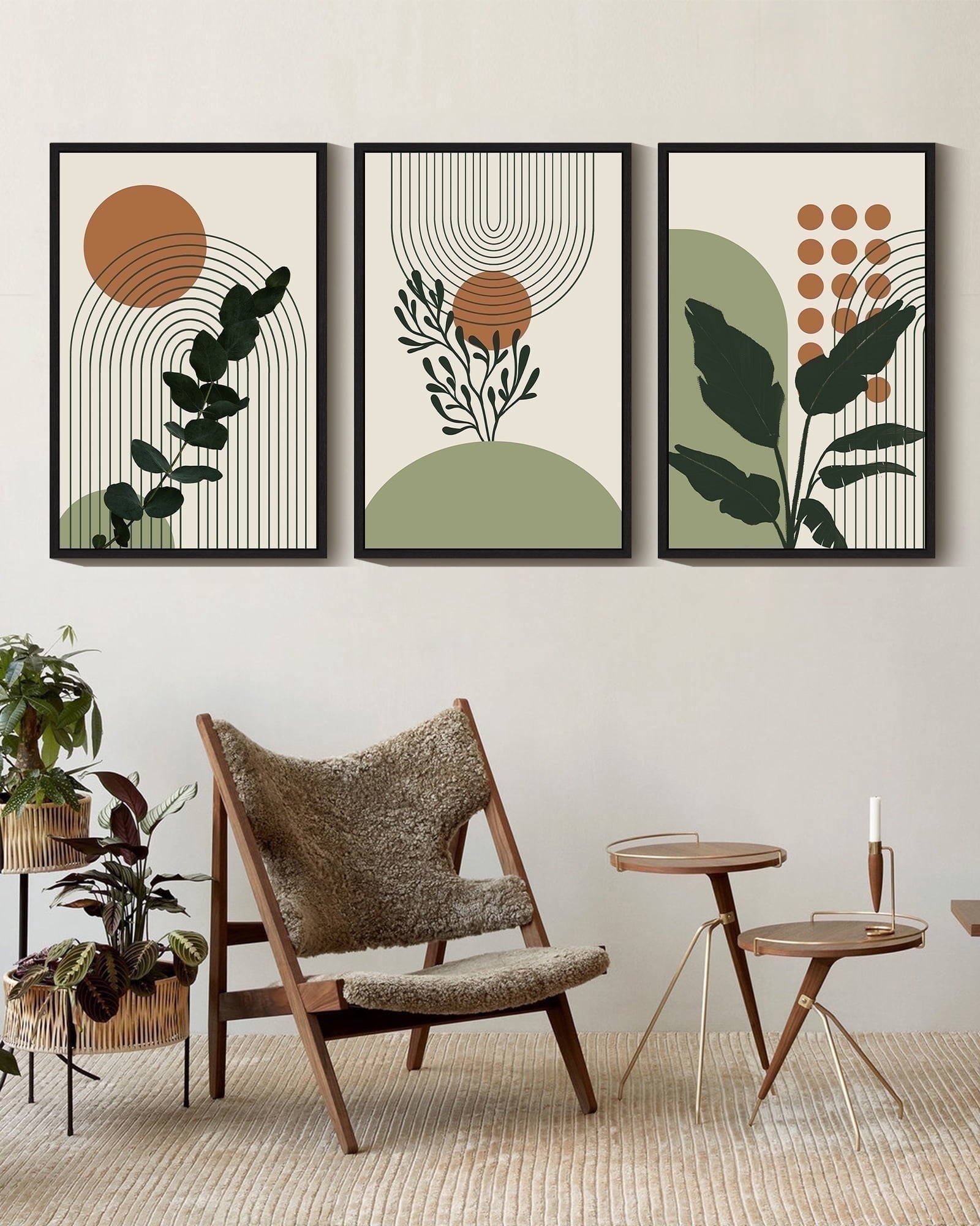 Drsoum Boho Plant Wall Art 24x36in3pcs Black Framed Bohemain Wall Printing Abstract Canvas Prints with Leaf & Sun Lines Bedroom Living Room Decor ﻿ ﻿