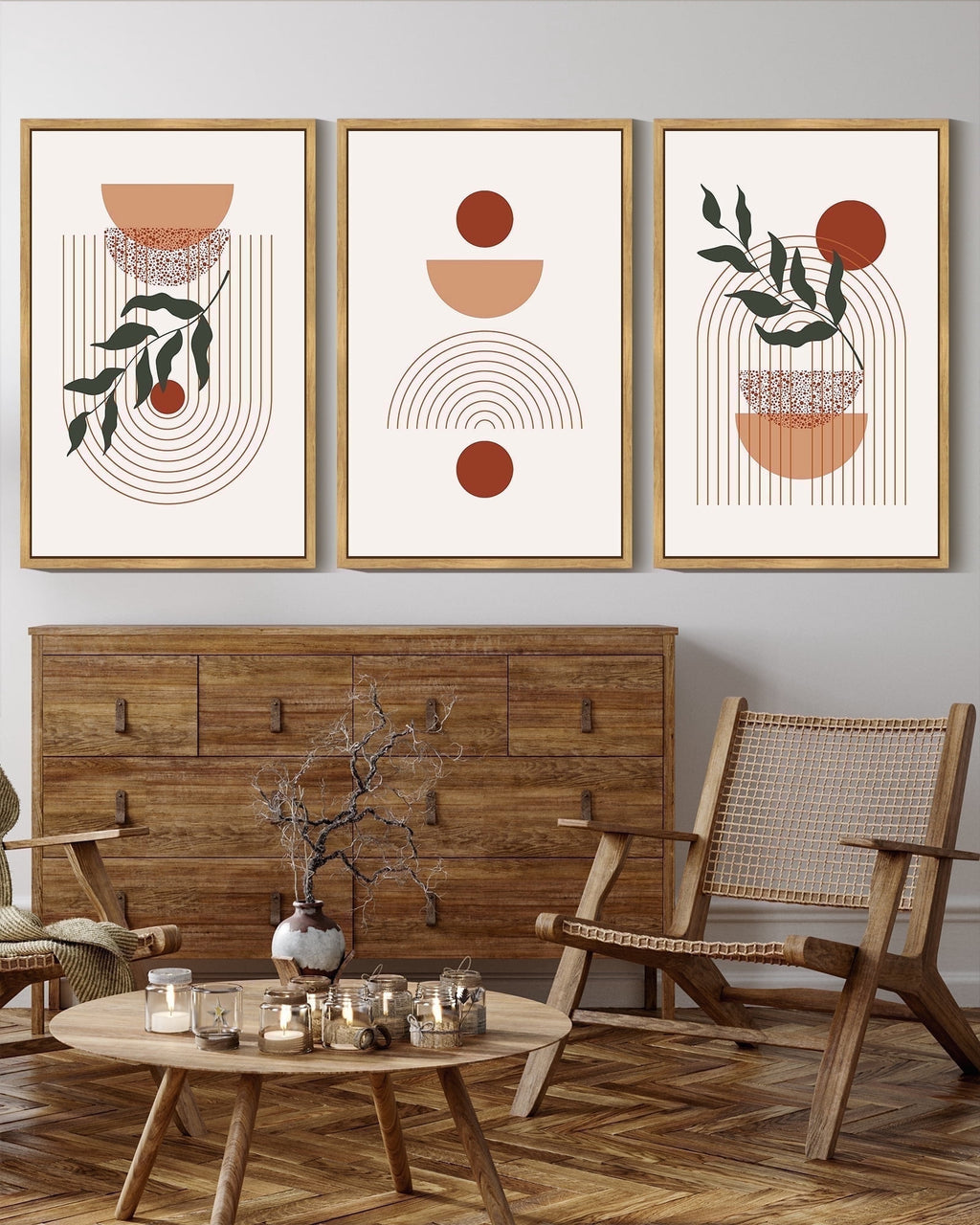Drsoum Boho Wall Art 16x24in3pcs Natural Framed Decor Mid Century Modern Abstract Prints Posters Bedroom