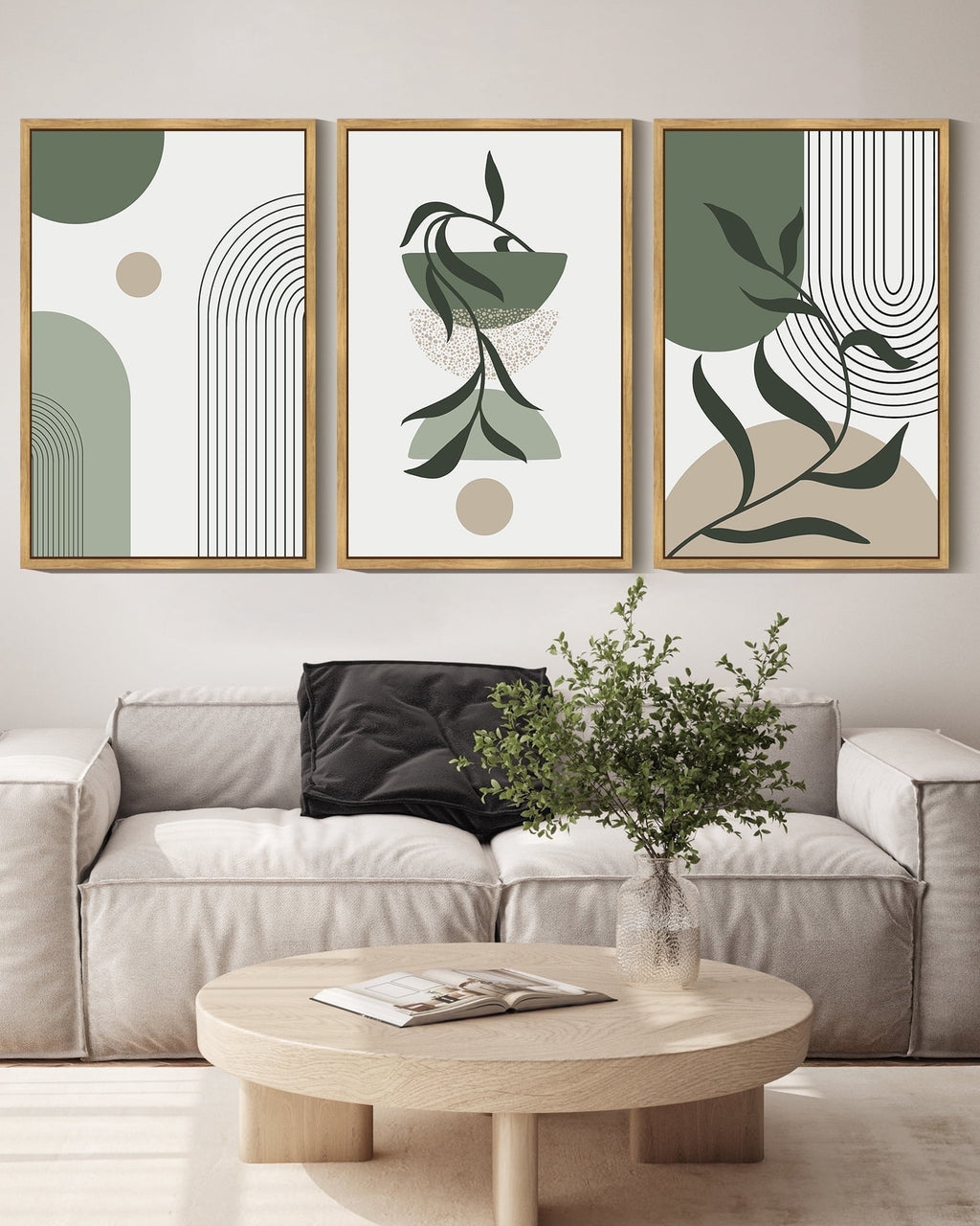 Drsoum Boho Wall Art 16x24in3pcs Natural Framed Green Modern Bohemia Abstract Geometry Prints for Bedroom