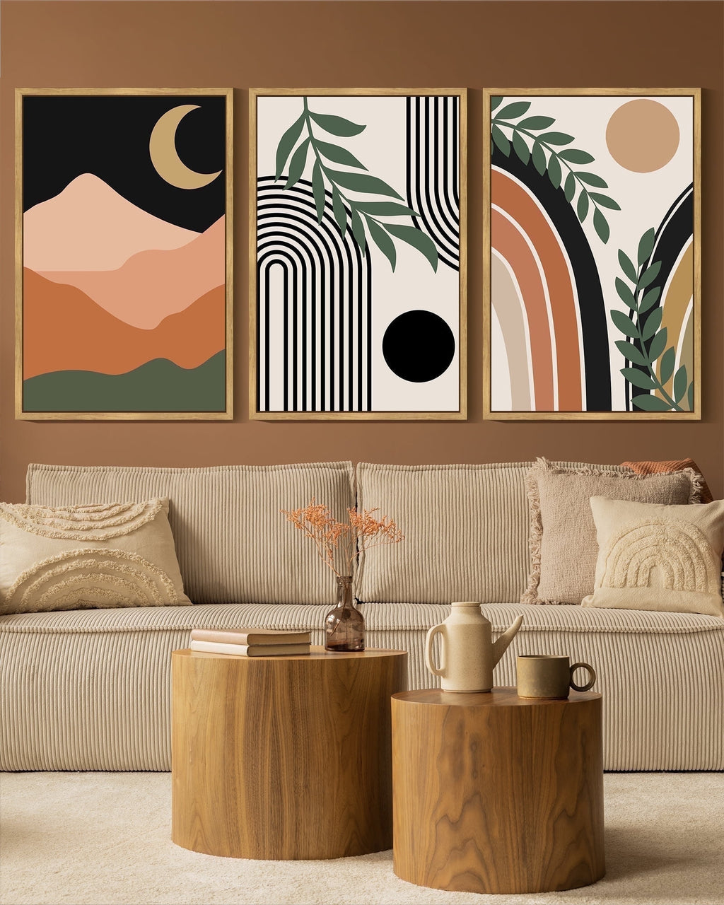 Drsoum Boho Wall Decor 16x24in3pcs Natural Framed Modern Botanical Wall Art Minimalist Bohemian Moon Phases Painting