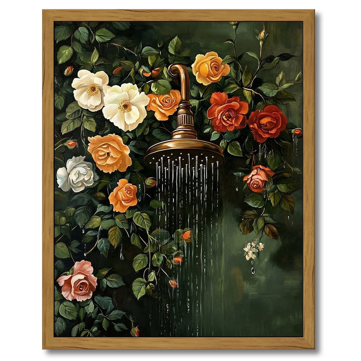 Drsoum Floating Floral Shower Wall Art Vintage Botanical Flower Canvas Print Romantic Garden Roses and Waterfall Painting Nature Inspired Bathroom Living Room 8x10in Brown Framed