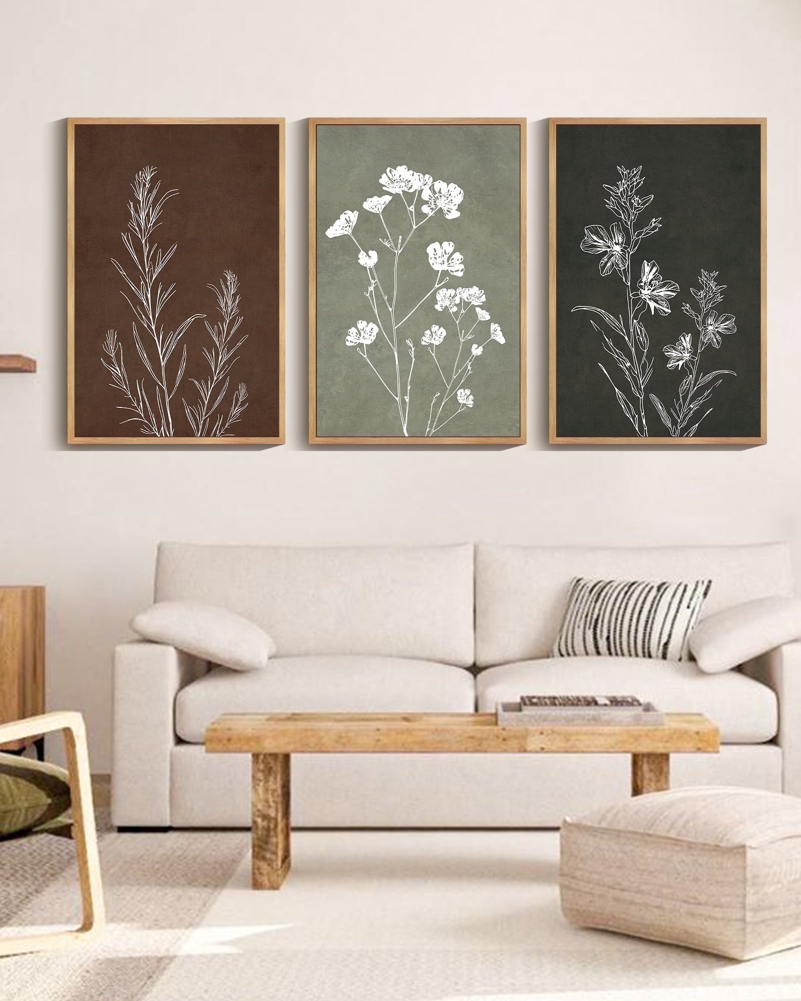 Drsoum Flower Wall Art 24x36in3pcs Large Natural Framed Vintage Floral Minimalist Wall Hanging Decor Farmhouse Living Room Bedroom Home Decor