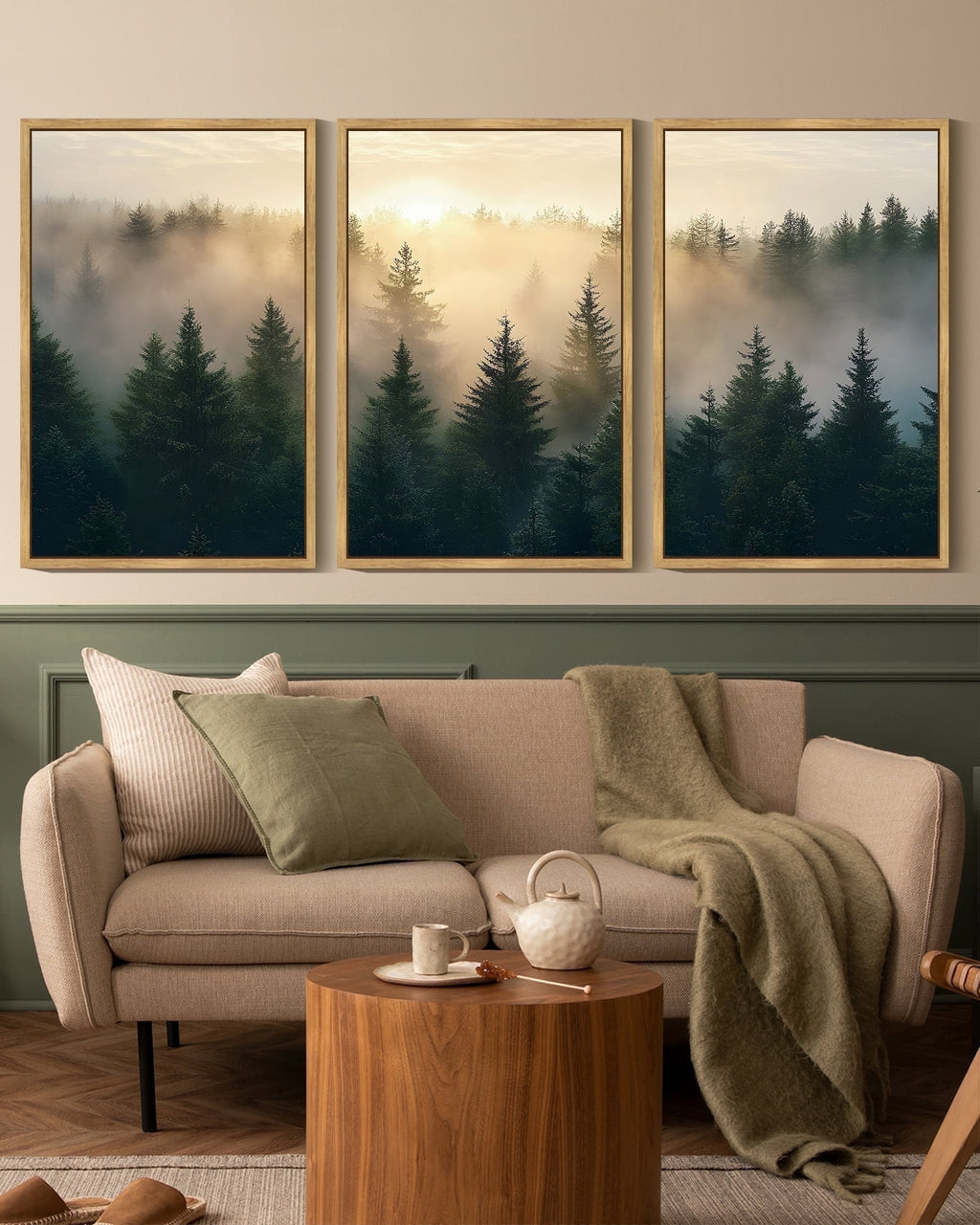Drsoum Fog Pine Green Tree Forest Art 16x24in3pcs Natural Framed Nordic Modern Mountain Artwork Prints Decor