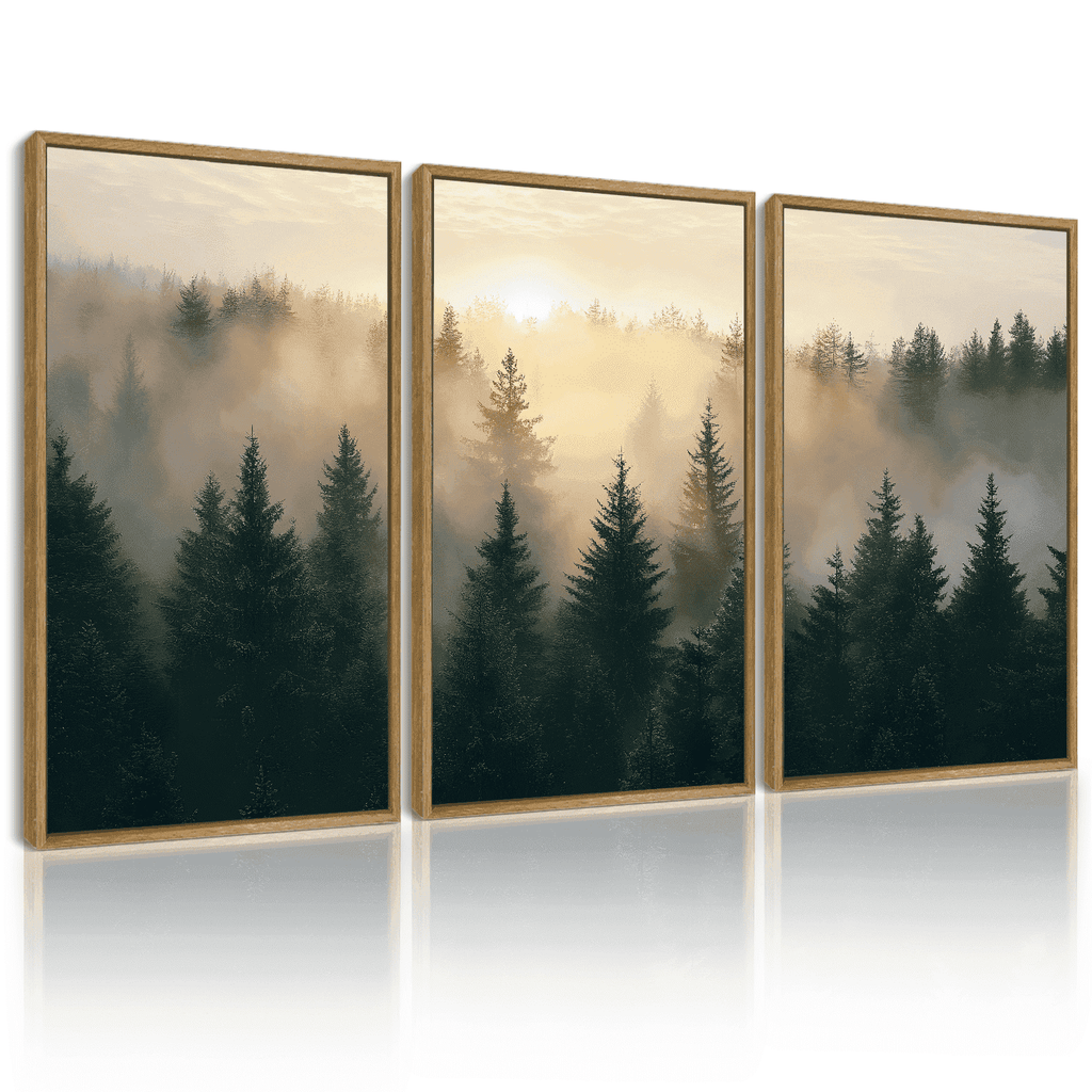 Drsoum Fog Pine Green Tree Forest Art Nordic Modern Mountain Artwork Prints Decor 11x14in3pcs Natural Framed