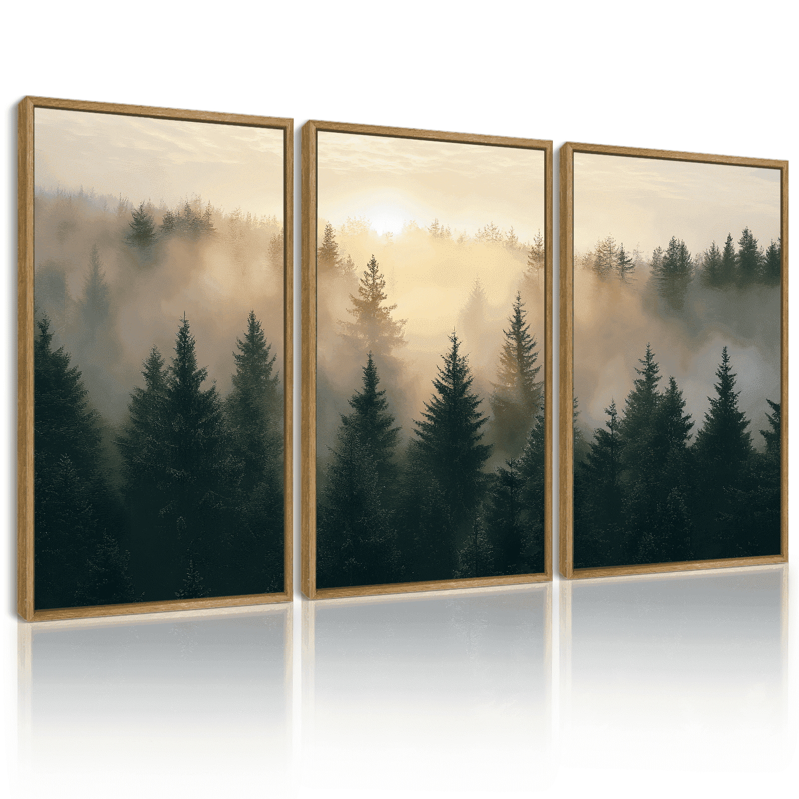 Drsoum Fog Pine Green Tree Forest Art Nordic Modern Mountain Artwork Prints Decor 11x14in3pcs Natural Framed