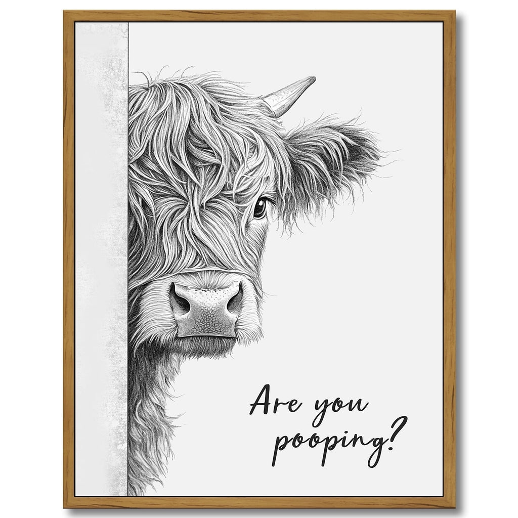 Drsoum Funny Highland Cow Bathroom Wall Art Rustic Farmhouse Wall Decor with Humorous Are You Pooping Canvas Print Cute Animal Canvas Art for Restroom 11x14in Brown Framed