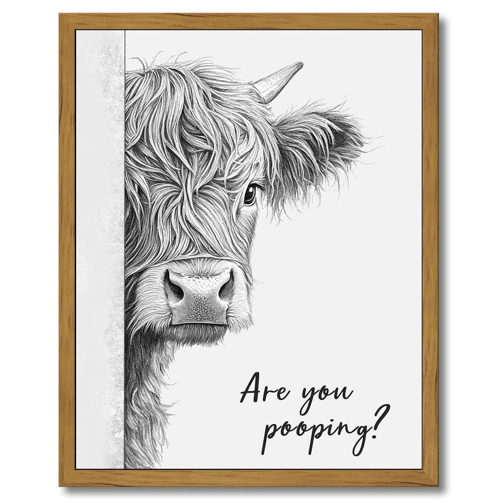Drsoum Funny Highland Cow Bathroom Wall Art Rustic Farmhouse Wall Decor with Humorous Are You Pooping Canvas Print Cute Animal Canvas Art for Restroom 8x10in Brown Framed