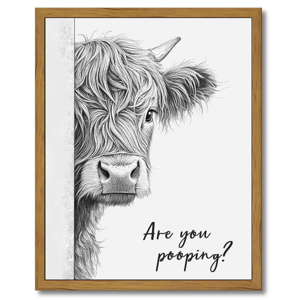 Drsoum Funny Highland Cow Bathroom Wall Art Rustic Farmhouse Wall Decor with Humorous Are You Pooping Canvas Print Cute Animal Canvas Art for Restroom 8x10in Brown Framed